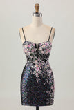 Sparkly Black Pink Flower Bodycon Corset Short Homecoming Dress with Sequins