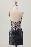 Sparkly Black Pink Flower Bodycon Corset Short Homecoming Dress with Sequins