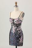 Sparkly Black Pink Flower Bodycon Corset Short Homecoming Dress with Sequins