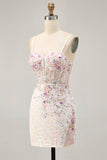 Sparkly Black Pink Flower Bodycon Corset Short Homecoming Dress with Sequins