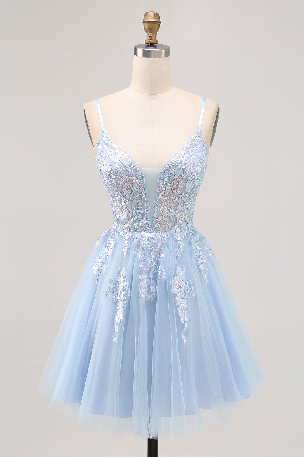 Sparkly Blue A Line Tulle Sequins Lace Up Back Short Cocktail Dress