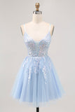 Sparkly Blue A Line Tulle Sequins Lace Up Back Short Cocktail Dress
