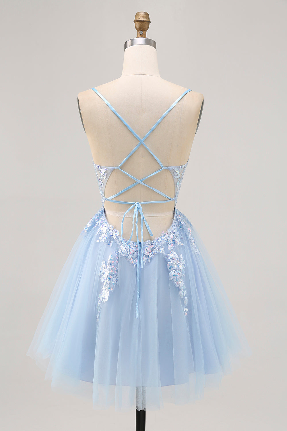 Sparkly Blue A Line Tulle Sequins Lace Up Back Short Cocktail Dress