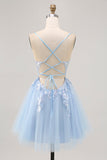 Sparkly Blue A Line Tulle Sequins Lace Up Back Short Cocktail Dress