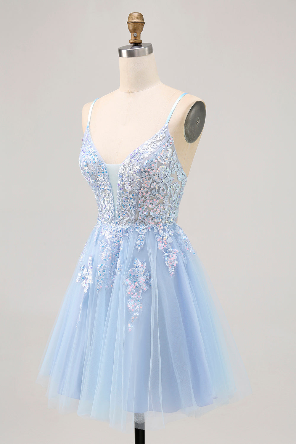 Sparkly Blue A Line Tulle Sequins Lace Up Back Short Cocktail Dress