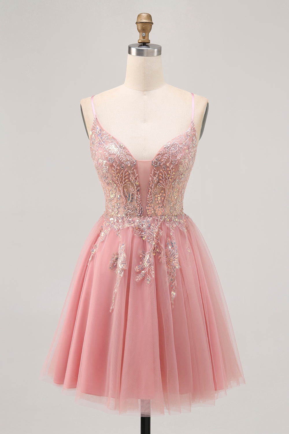 Sparkly Blush Beaded Sequined Tulle A Line Short Cocktail Dress