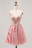Sparkly Blush Beaded Sequined Tulle A Line Short Cocktail Dress