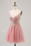 Sparkly Blush Beaded Sequined Tulle A Line Short Cocktail Dress