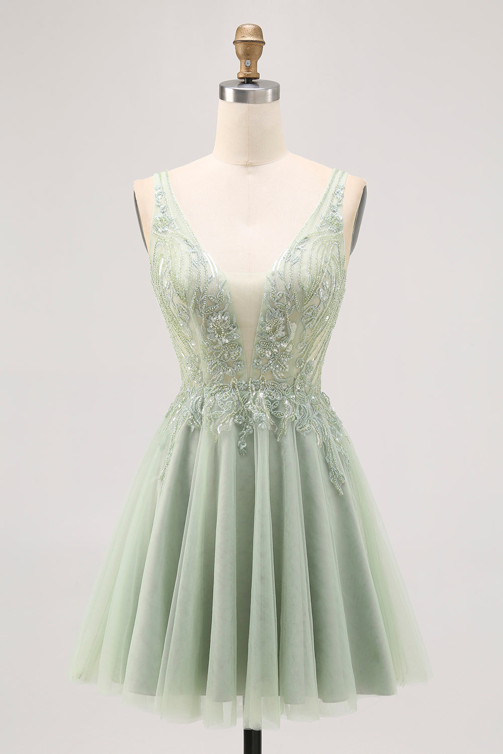 Sparkly Green Tulle V-Neck Beaded Short Cocktail Dress with Appliques