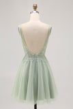 Sparkly Green Tulle V-Neck Beaded Short Cocktail Dress with Appliques