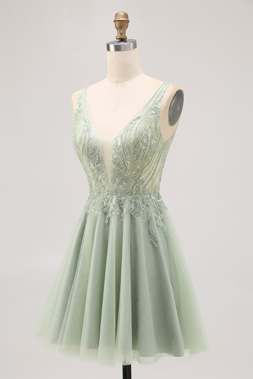 Sparkly Green Tulle V-Neck Beaded Short Cocktail Dress with Appliques
