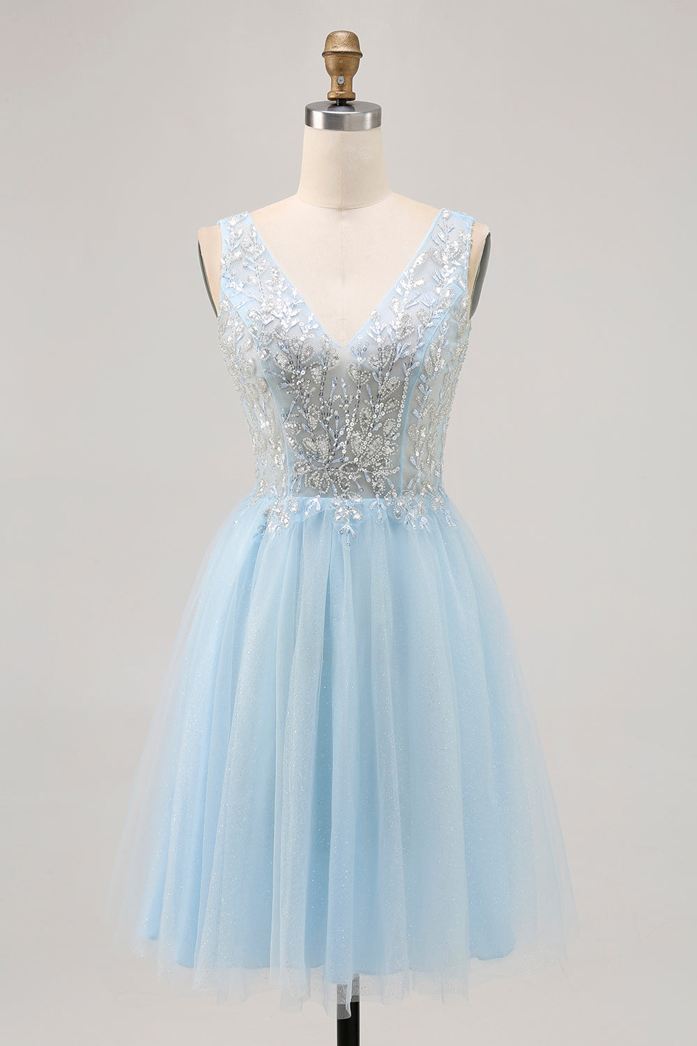 Sparkly Blue Tulle Beaded V-Neck Short Corset Cocktail Dress