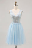 Sparkly Blue Tulle Beaded V-Neck Short Corset Cocktail Dress