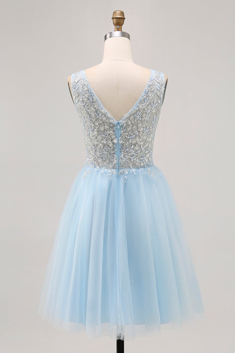 Sparkly Blue Tulle Beaded V-Neck Short Corset Cocktail Dress