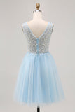 Sparkly Blue Tulle Beaded V-Neck Short Corset Cocktail Dress