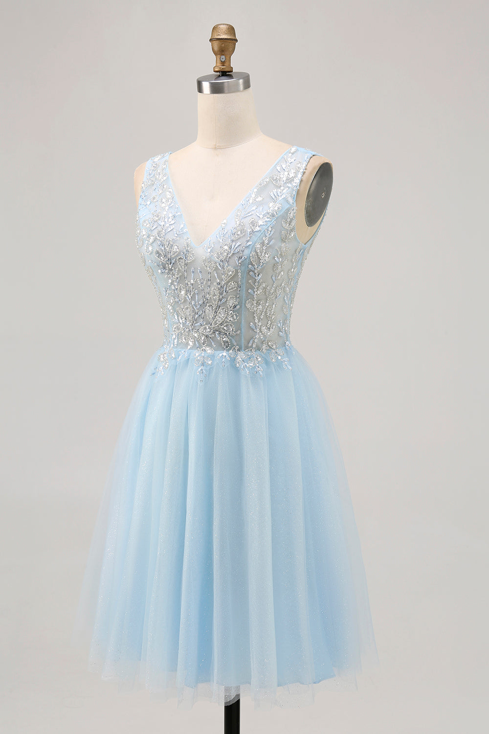 Sparkly Blue Tulle Beaded V-Neck Short Corset Cocktail Dress