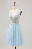 Sparkly Blue Tulle Beaded V-Neck Short Corset Cocktail Dress