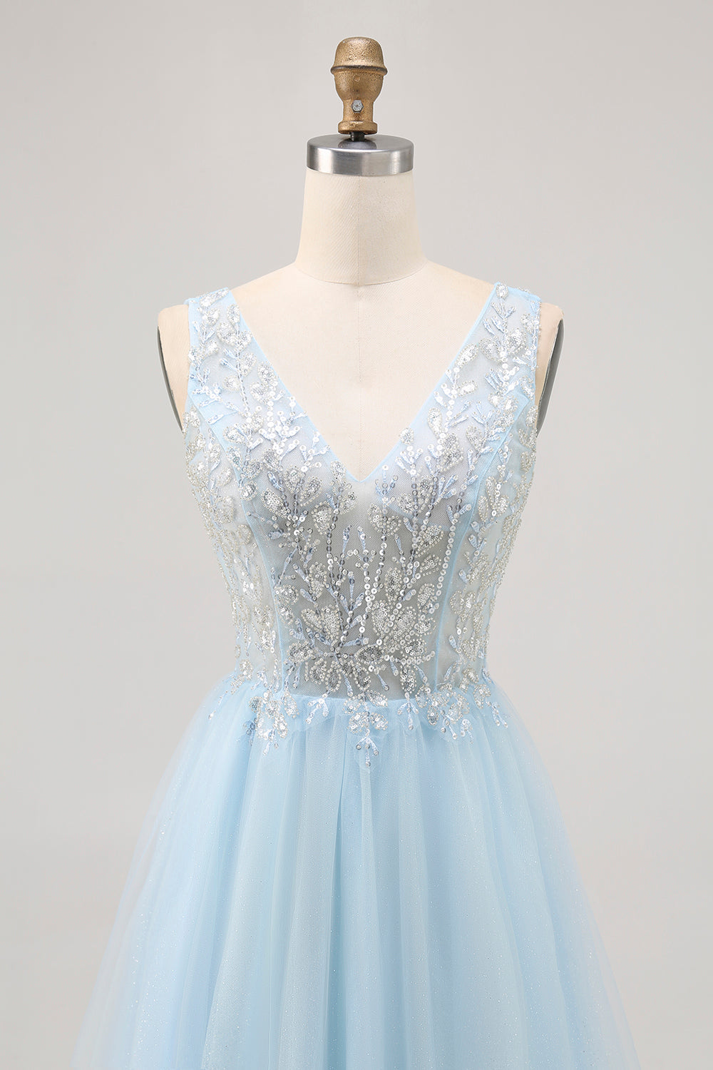 Sparkly Blue Tulle Beaded V-Neck Short Corset Cocktail Dress