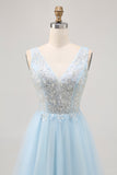 Sparkly Blue Tulle Beaded V-Neck Short Corset Cocktail Dress