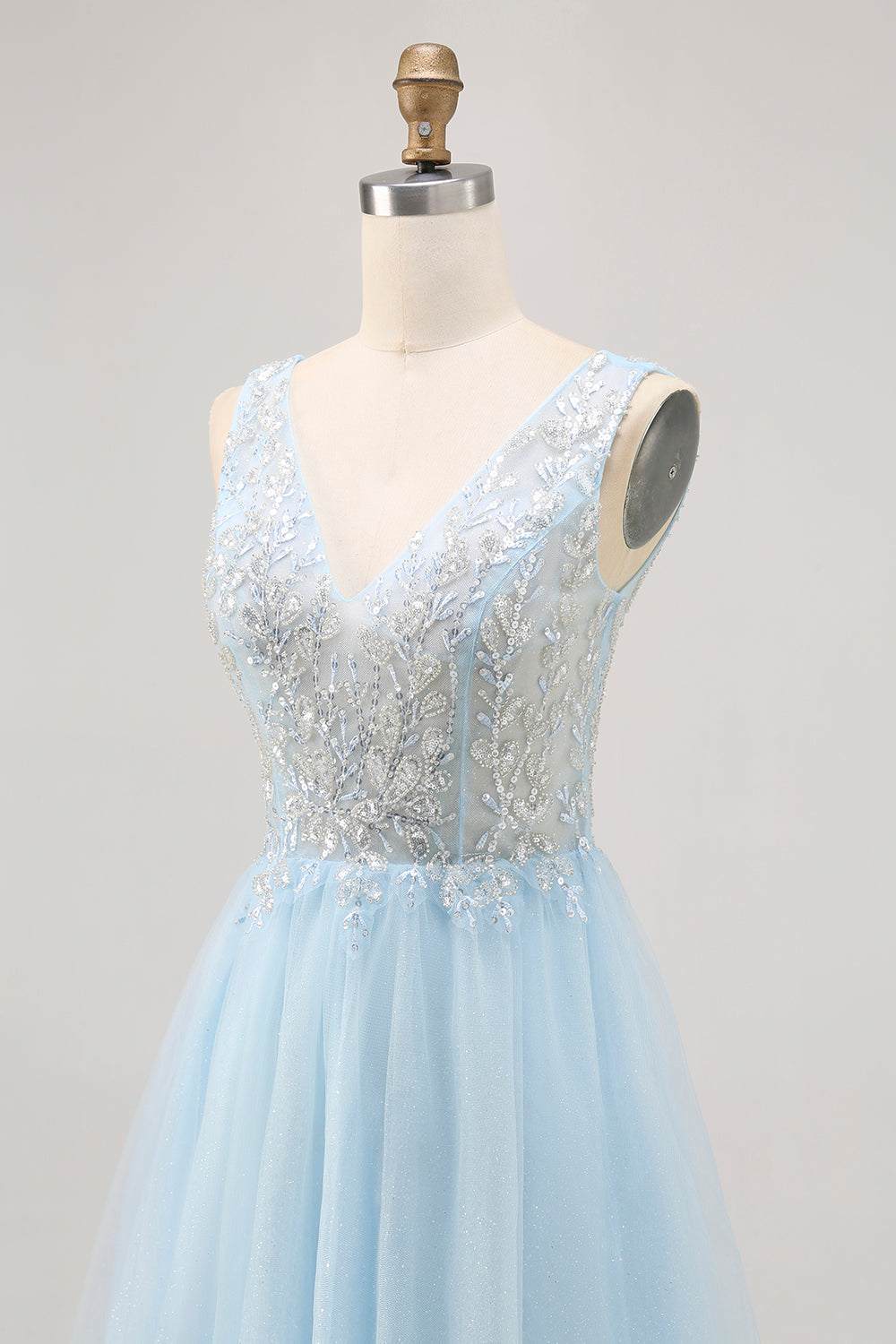 Sparkly Blue Tulle Beaded V-Neck Short Corset Cocktail Dress