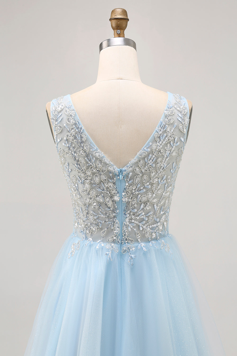 Sparkly Blue Tulle Beaded V-Neck Short Corset Cocktail Dress