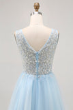 Sparkly Blue Tulle Beaded V-Neck Short Corset Cocktail Dress