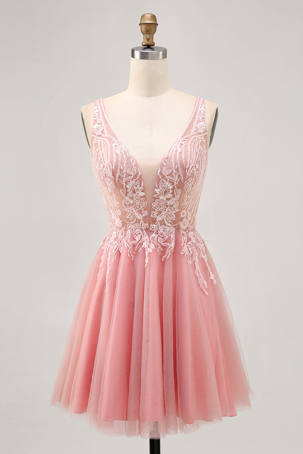 Sparkly Blush Tulle V-Neck Beaded Short Cocktail Dress with Lace