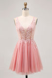 Sparkly Blush Tulle V-Neck Beaded Short Cocktail Dress with Lace