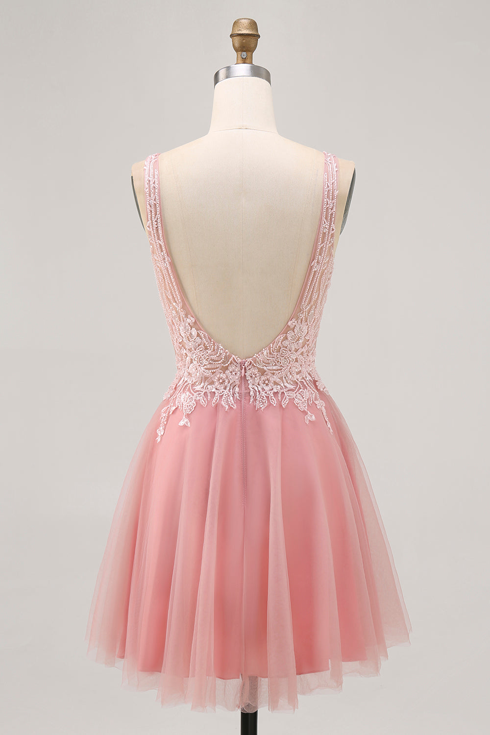 Sparkly Blush Tulle V-Neck Beaded Short Cocktail Dress with Lace