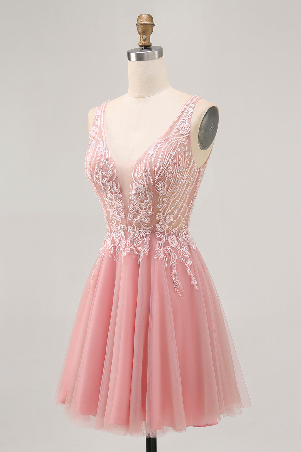 Sparkly Blush Tulle V-Neck Beaded Short Cocktail Dress with Lace