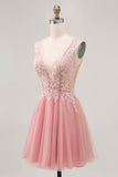 Sparkly Blush Tulle V-Neck Beaded Short Cocktail Dress with Lace