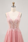 Sparkly Blush Tulle V-Neck Beaded Short Cocktail Dress with Lace