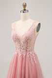 Sparkly Blush Tulle V-Neck Beaded Short Cocktail Dress with Lace