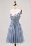 Sparkly Grey Blue Tulle A Line Short Cocktail Dress with Sequins