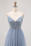 Sparkly Grey Blue Tulle A Line Short Cocktail Dress with Sequins