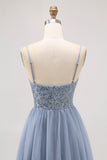 Sparkly Grey Blue Tulle A Line Short Cocktail Dress with Sequins