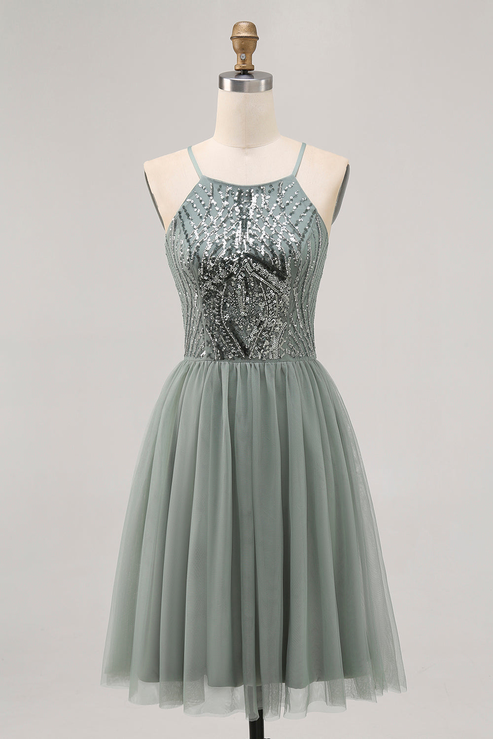 Sparkly Grey Green Tulle Halter Short Cocktail Dress with Sequins