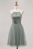 Sparkly Grey Green Tulle Halter Short Cocktail Dress with Sequins