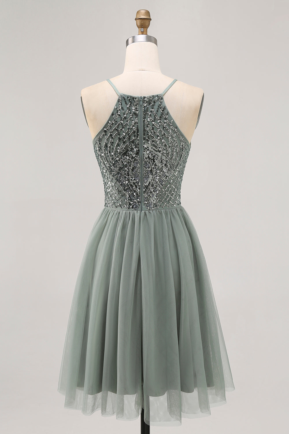 Sparkly Grey Green Tulle Halter Short Cocktail Dress with Sequins