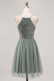 Sparkly Grey Green Tulle Halter Short Cocktail Dress with Sequins