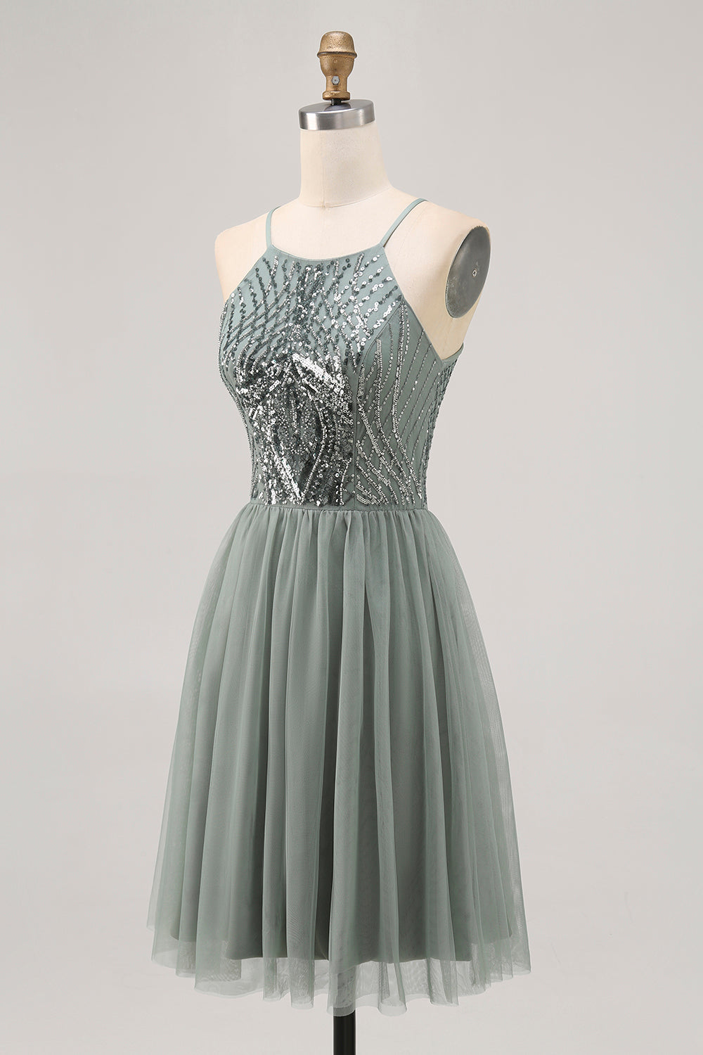 Sparkly Grey Green Tulle Halter Short Cocktail Dress with Sequins