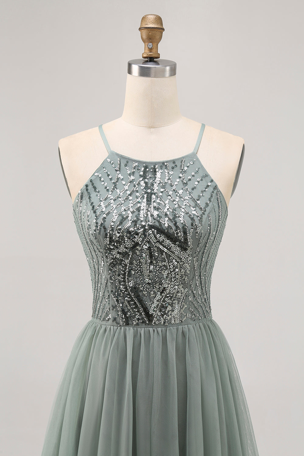Sparkly Grey Green Tulle Halter Short Cocktail Dress with Sequins