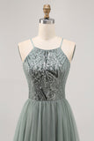 Sparkly Grey Green Tulle Halter Short Cocktail Dress with Sequins