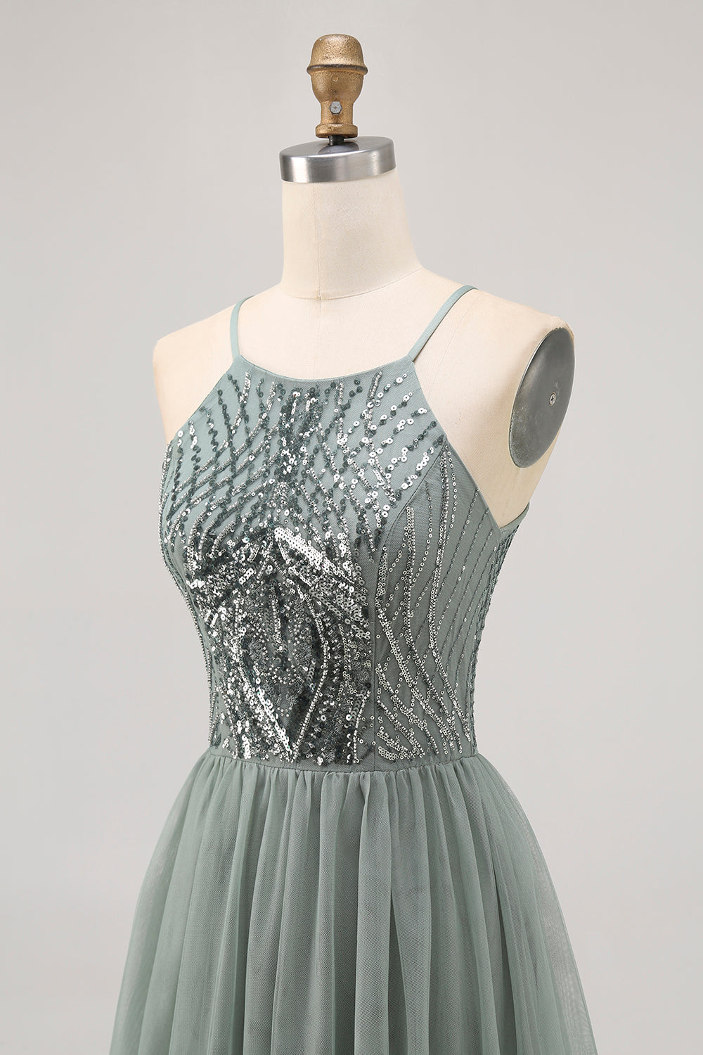 Sparkly Grey Green Tulle Halter Short Cocktail Dress with Sequins