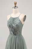 Sparkly Grey Green Tulle Halter Short Cocktail Dress with Sequins