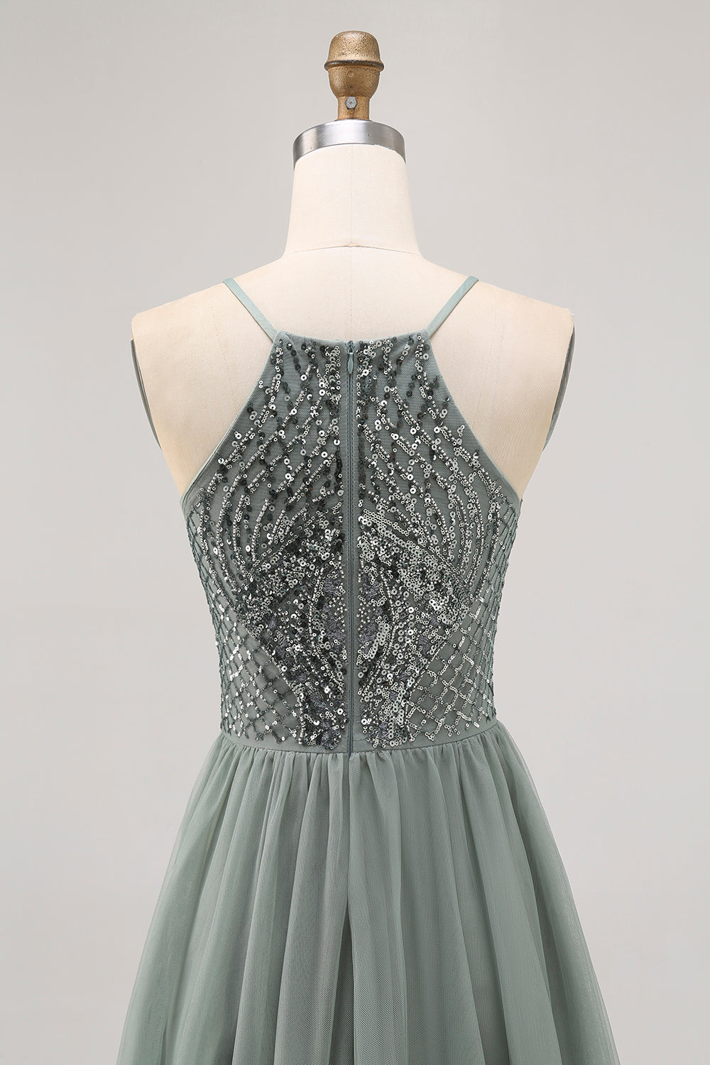 Sparkly Grey Green Tulle Halter Short Cocktail Dress with Sequins