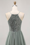 Sparkly Grey Green Tulle Halter Short Cocktail Dress with Sequins