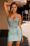 Sparkly Grey Green Bodycon Strapless Short Homecoming Dress with Lace Up Back