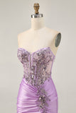 Sparkly Lilac Bodycon Strapless Short Homecoming Dress with Lace Up Back