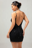 Sparkly Black Sequins V Neck Bodycon Gatsby Short 1920s Dress